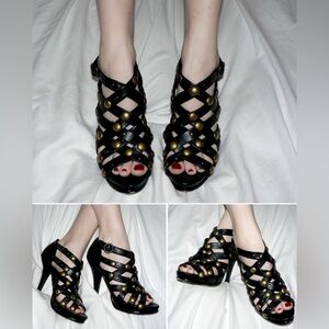 Saks Fifth Avenue Black Heels Gold Accents Women's Size 10M